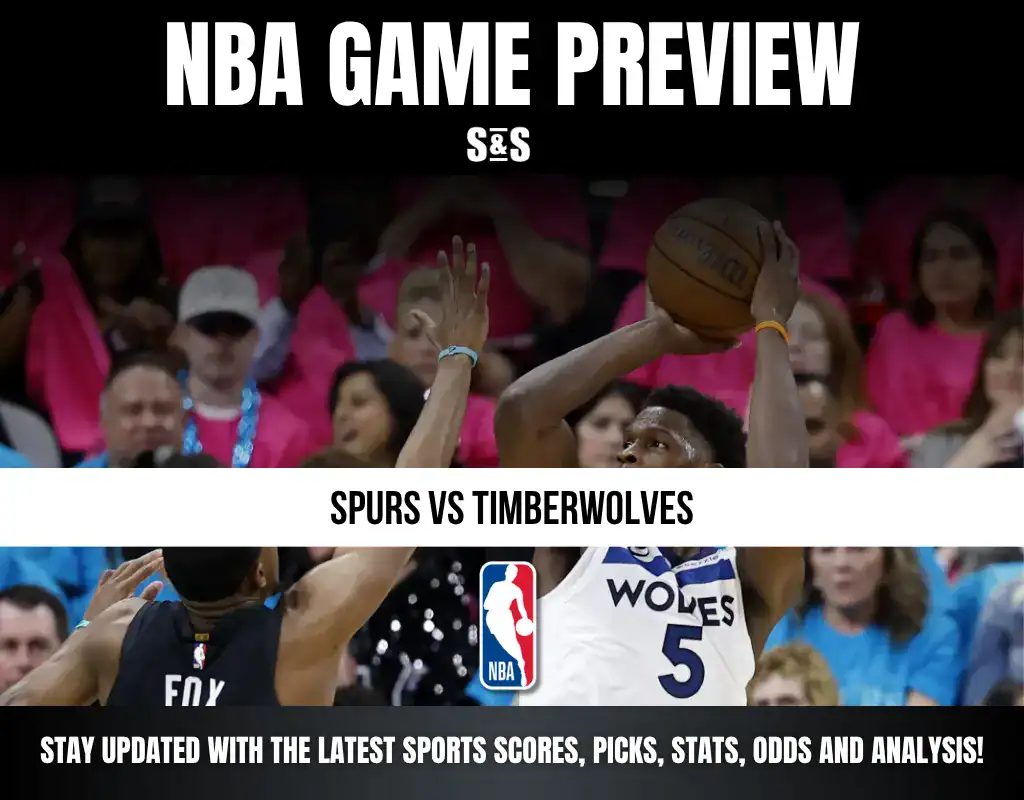 NBA GAME PREVIEW with a focus on the matchup between Spurs and Timberwolves, featuring visuals of basketball players and promotional text for updates on sports scores, picks, stats, odds, and analysis.