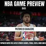 NBA Game Preview featuring a player from the Pistons with the text "Pistons vs Cavaliers" and an NBA logo, along with a note to stay updated with sports scores, picks, stats, odds, and analysis.