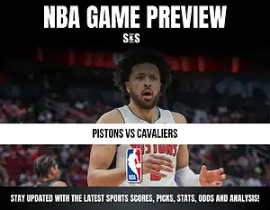 NBA Game Preview featuring a player from the Pistons with the text "Pistons vs Cavaliers" and an NBA logo, along with a note to stay updated with sports scores, picks, stats, odds, and analysis.
