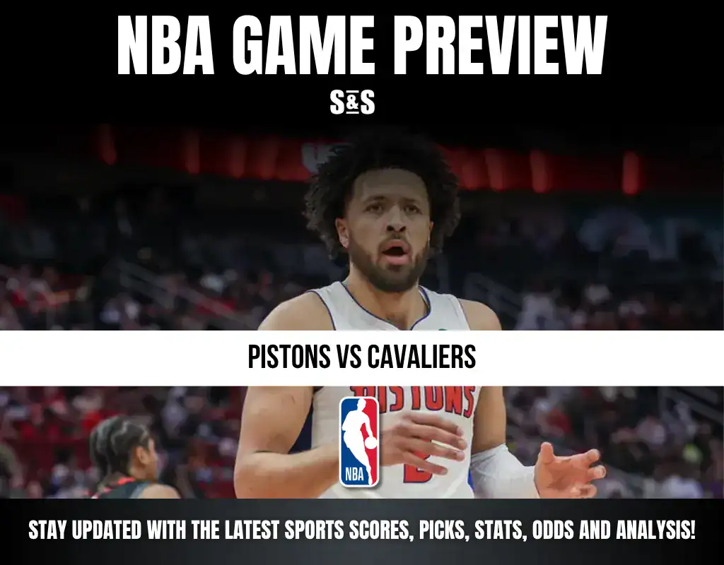 NBA Game Preview featuring a player from the Pistons with the text "Pistons vs Cavaliers" and an NBA logo, along with a note to stay updated with sports scores, picks, stats, odds, and analysis.