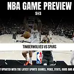 NBA Game Preview featuring Timberwolves vs Spurs, with a player in action and promotional text to stay updated on scores and analysis.