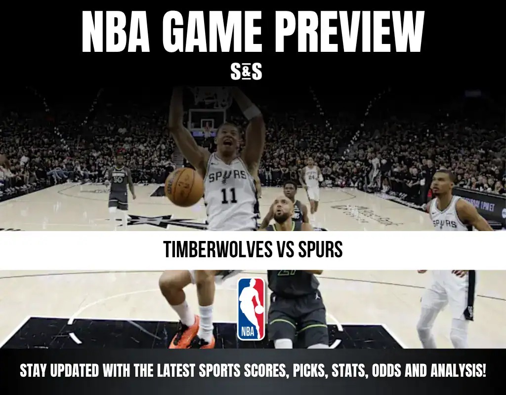 NBA Game Preview featuring Timberwolves vs Spurs, with a player in action and promotional text to stay updated on scores and analysis.