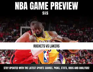 NBA GAME PREVIEW featuring a matchup between the Rockets and Lakers, with text encouraging viewers to stay updated with sports scores, picks, stats, odds, and analysis.