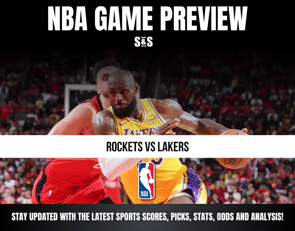 NBA GAME PREVIEW featuring a matchup between the Rockets and Lakers, with text encouraging viewers to stay updated with sports scores, picks, stats, odds, and analysis.