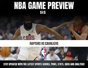 NBA game preview featuring the matchup between the Raptors and Cavaliers, with images representing both teams and a call to stay updated with sports scores, picks, stats, odds, and analysis.