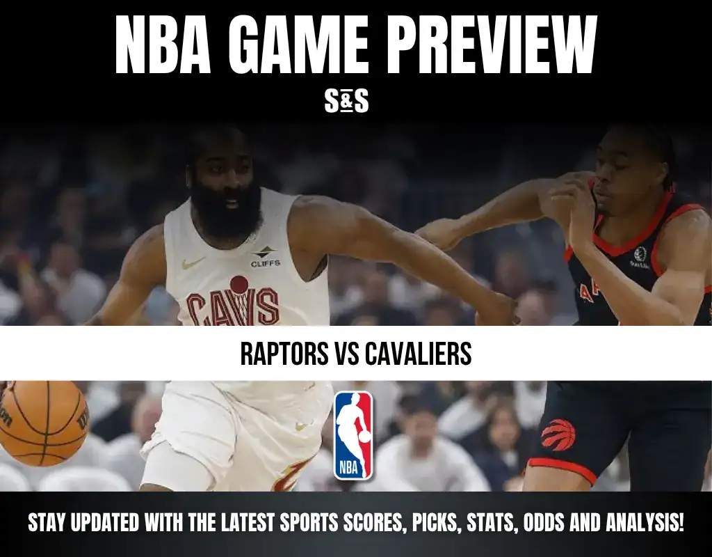 NBA game preview featuring the matchup between the Raptors and Cavaliers, with images representing both teams and a call to stay updated with sports scores, picks, stats, odds, and analysis.