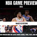 NBA game preview featuring the matchup between the Magic and Pistons, with a call to stay updated on sports scores, picks, stats, odds, and analysis.