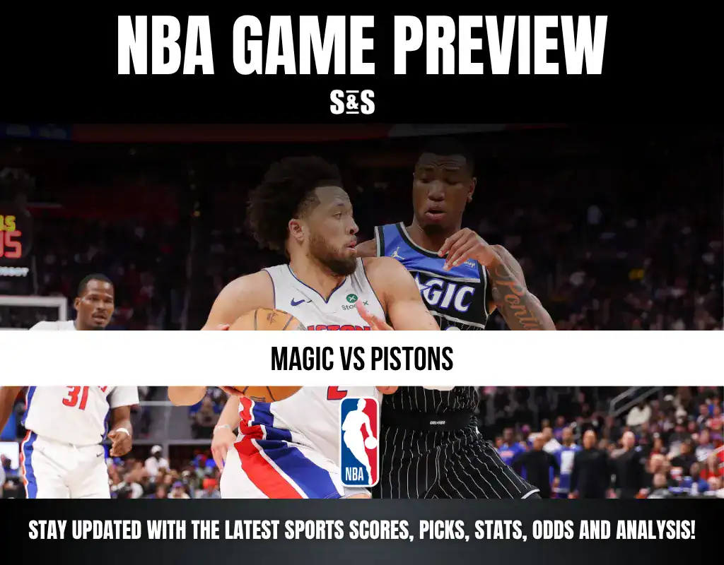 NBA game preview featuring the matchup between the Magic and Pistons, with a call to stay updated on sports scores, picks, stats, odds, and analysis.