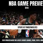 Basketball players in action during a Spurs vs Timberwolves NBA game preview, with text and NBA logo overlay.