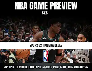 Basketball players in action during a Spurs vs Timberwolves NBA game preview, with text and NBA logo overlay.