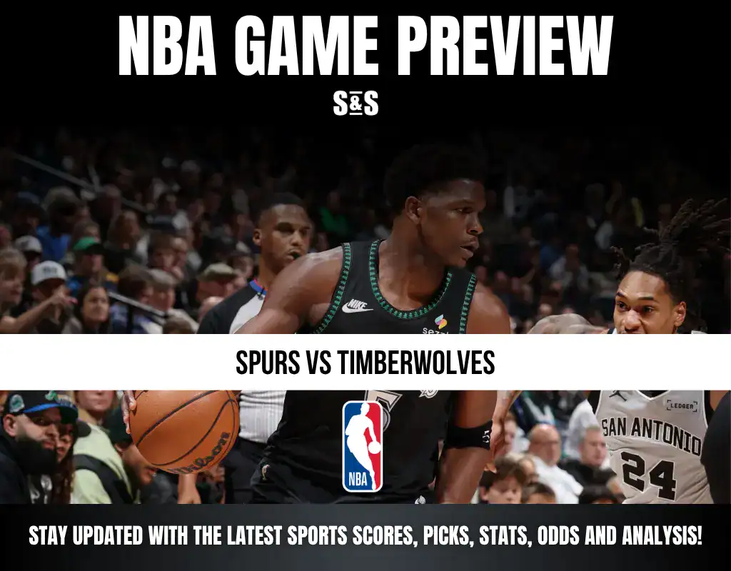 Basketball players in action during a Spurs vs Timberwolves NBA game preview, with text and NBA logo overlay.