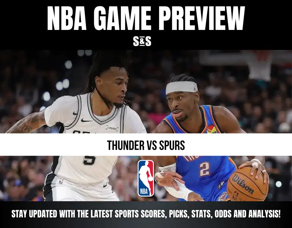 NBA Game Preview featuring Thunder vs Spurs with a call to stay updated on the latest sports scores, picks, stats, odds, and analysis.
