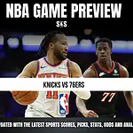 Alt text: NBA game preview banner featuring Knicks vs 76ers with a blurred image of two basketball players in action.