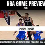 NBA game preview featuring a match between the Spurs and Thunder, with a player from the Spurs making a play.
