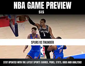 NBA game preview featuring a match between the Spurs and Thunder, with a player from the Spurs making a play.