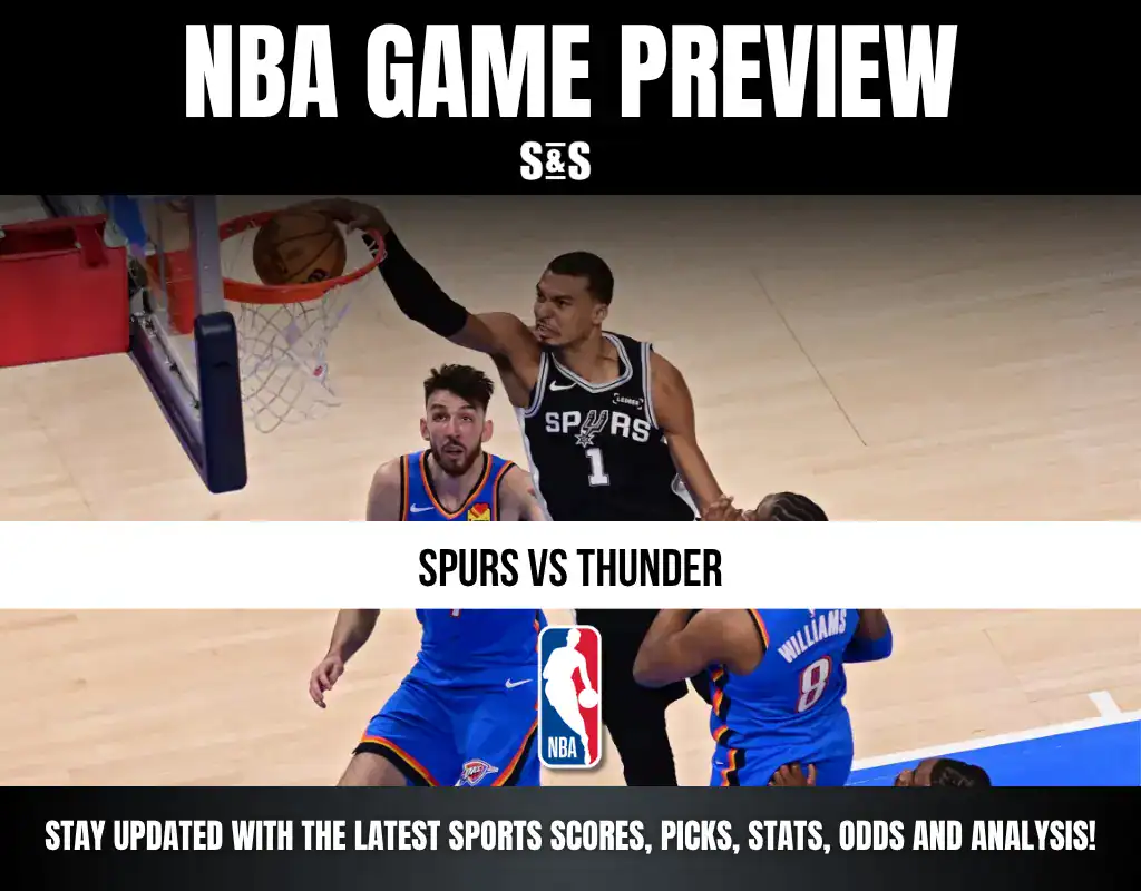 NBA game preview featuring a match between the Spurs and Thunder, with a player from the Spurs making a play.