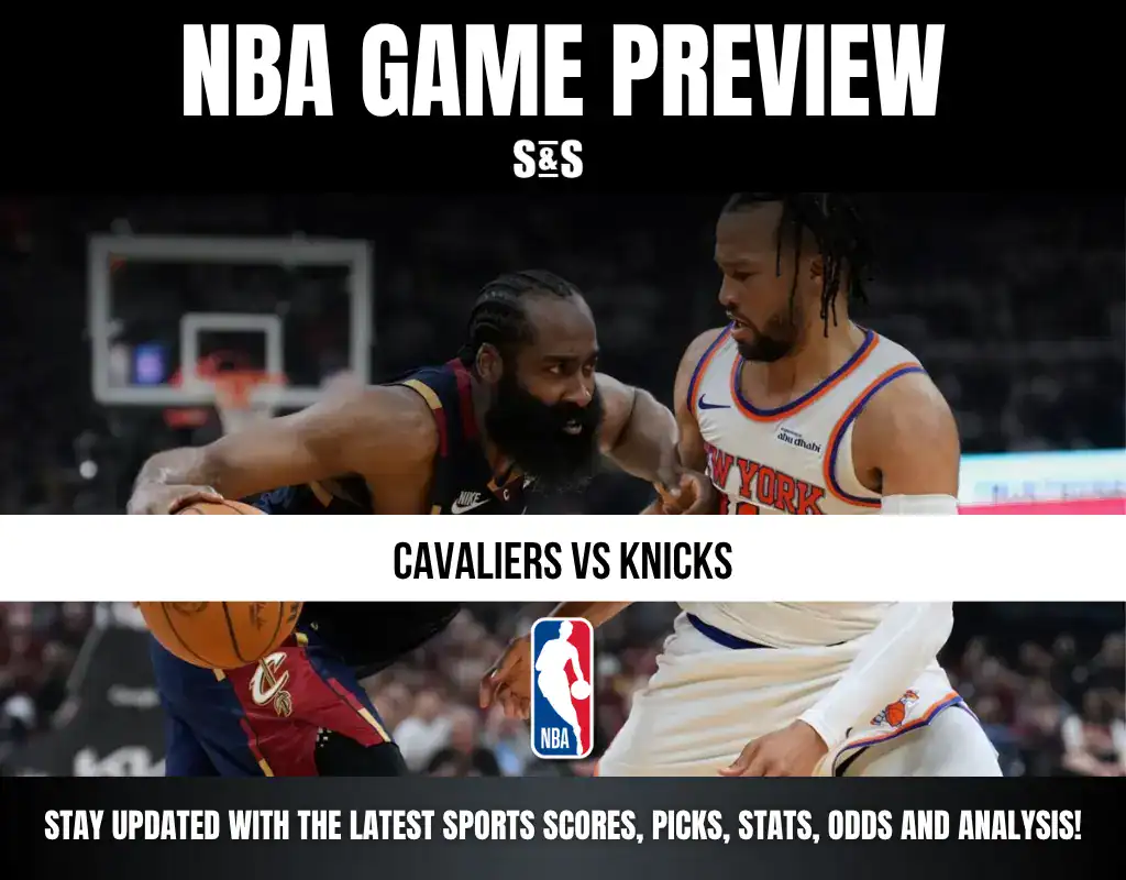 NBA Game Preview featuring the Cavaliers vs Knicks with a focus on James Harden and a Knicks player. The text encourages staying updated with the latest sports scores, picks, stats, odds, and analysis.