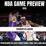 NBA Game Preview featuring a matchup between the Thunder and Lakers, with a message to stay updated on sports scores, picks, stats, odds, and analysis.
