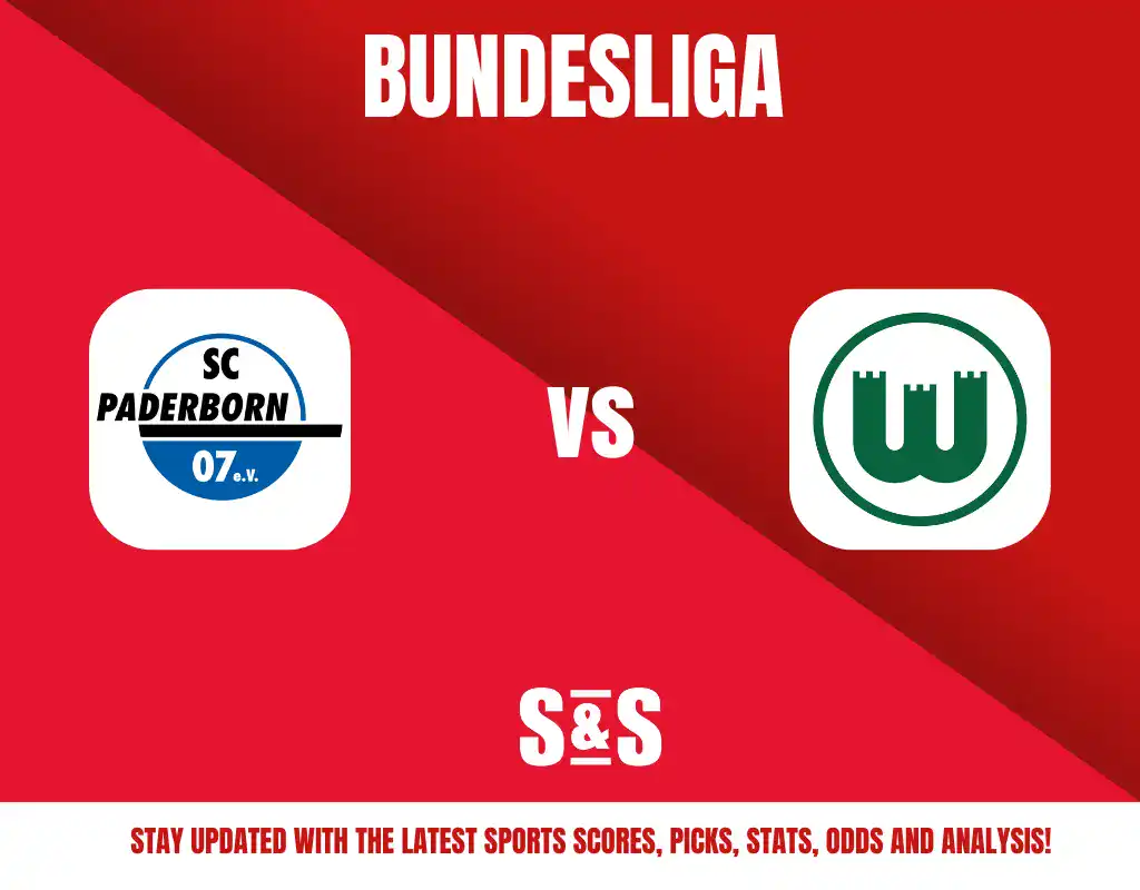 Bundesliga match graphic featuring SC Paderborn 07 and VfL Wolfsburg logos with a red background and text promoting sports updates.