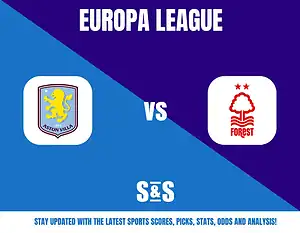 Europa League graphic featuring logos of Aston Villa and Nottingham Forest with a call to stay updated on sports scores, picks, stats, odds, and analysis.