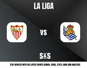 La Liga match announcement showing Sevilla FC vs Real Sociedad logos on a dark background with a sports update prompt.