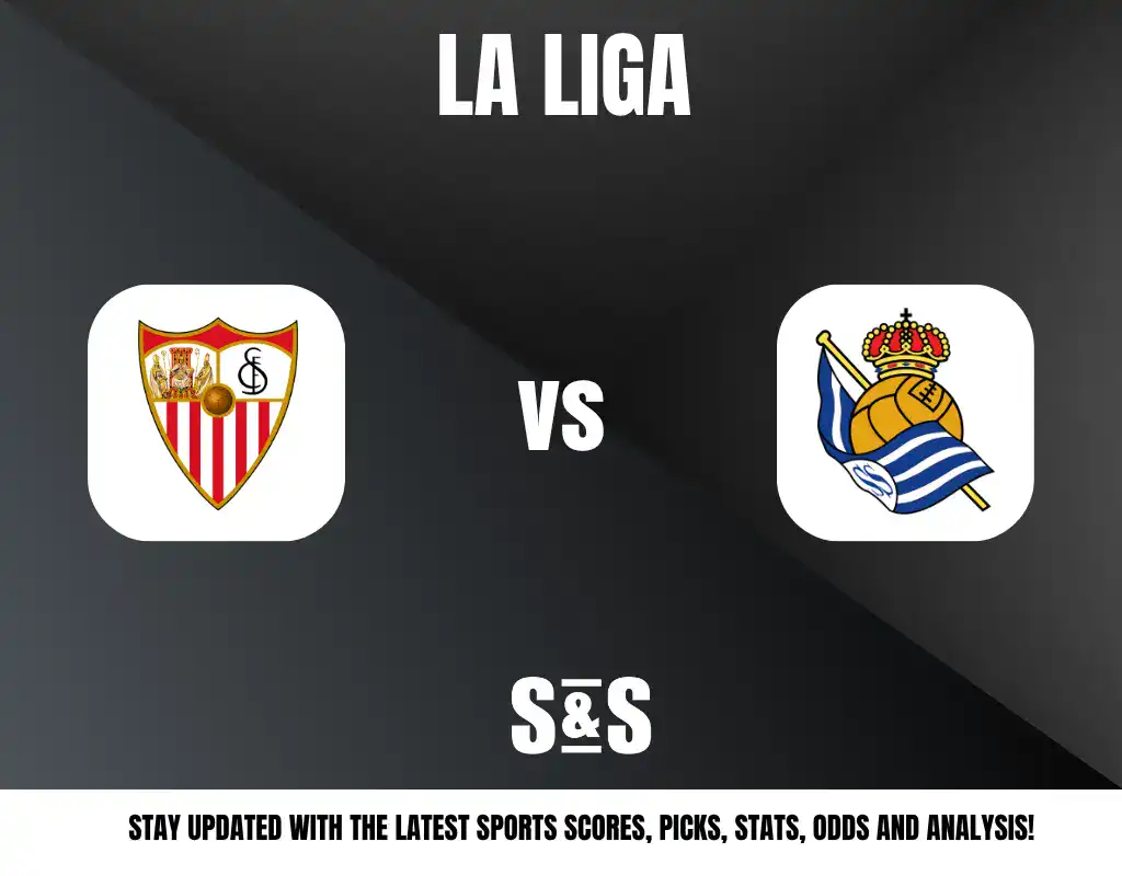 La Liga match announcement showing Sevilla FC vs Real Sociedad logos on a dark background with a sports update prompt.