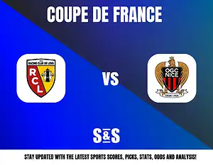 Coupe de France graphic featuring the logos of Racing Club de Lens (RCL) and OGC Nice, along with the text "Stay updated with the latest sports scores, picks, stats, odds and analysis!"