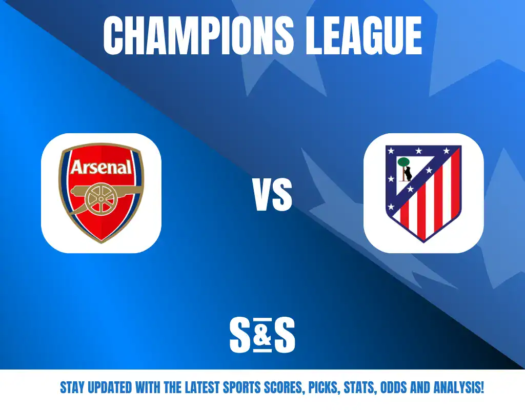 Champions League graphic featuring Arsenal and Atlético Madrid logos with the text "Stay updated with the latest sports scores, picks, stats, odds and analysis!"