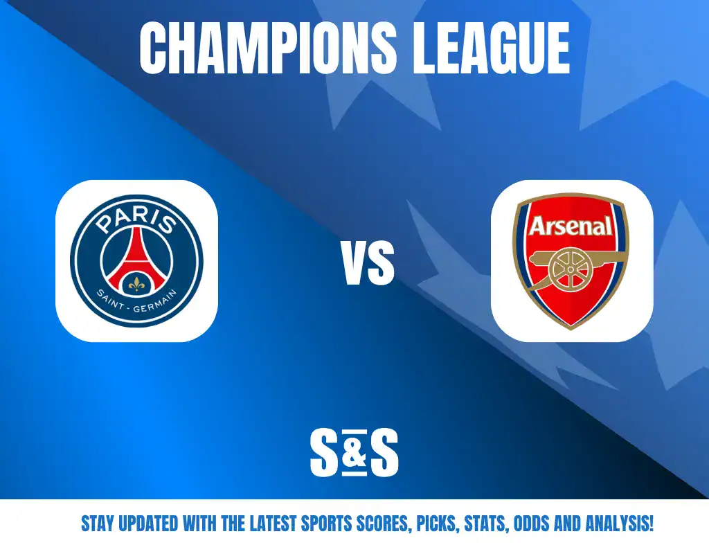 Champions League graphic featuring Paris Saint-Germain versus Arsenal, with a blue background and text promoting sports scores and analysis.