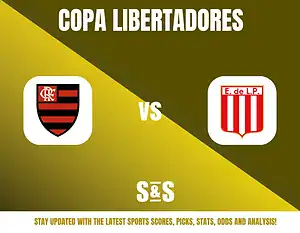 Copa Libertadores logo with team logos of Flamengo and Estudiantes de La Plata, featuring "vs" between them, along with a footer for updates on sports scores, picks, stats, odds, and analysis.