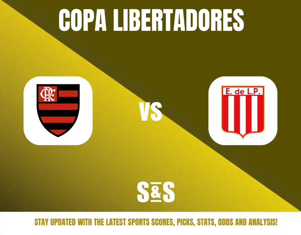 Copa Libertadores logo with team logos of Flamengo and Estudiantes de La Plata, featuring "vs" between them, along with a footer for updates on sports scores, picks, stats, odds, and analysis.