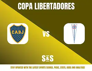 Copa Libertadores match logo featuring CABJ vs CDUC, with a text banner at the bottom for updates on sports scores, picks, stats, odds, and analysis.