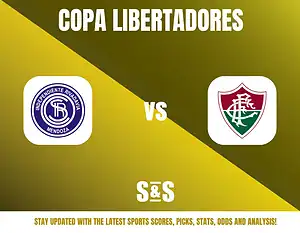 Copa Libertadores match graphic featuring logos of Independiente Rivadavia and Fluminense, with a note to stay updated on sports scores, picks, stats, odds, and analysis.