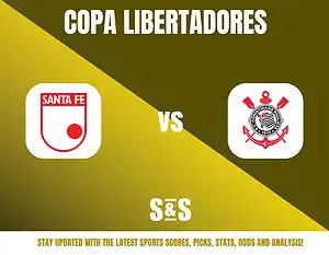 Copa Libertadores match between Santa Fe and Corinthians, with additional promotional text for sports updates.