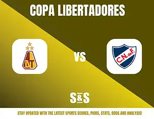 Copa Libertadores logo on the left, vs text in the middle, C.N. de F. logo on the right, with a banner at the bottom stating "Stay updated with the latest sports scores, picks, stats, odds and analysis!"