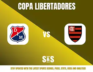 Copa Libertadores logo with two team logos: one on the left featuring a red and blue shield, and the other on the right displaying a black and red striped shield. Text below reads "Stay updated with the latest sports scores, picks, stats, odds and analysis!"