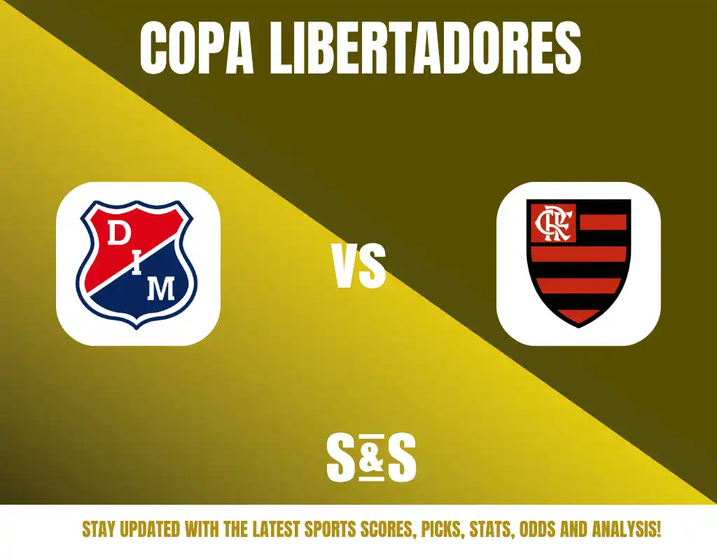 Copa Libertadores logo with two team logos: one on the left featuring a red and blue shield, and the other on the right displaying a black and red striped shield. Text below reads "Stay updated with the latest sports scores, picks, stats, odds and analysis!"