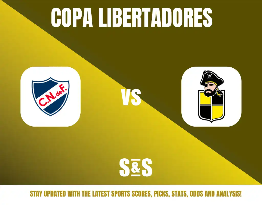 Copa Libertadores match between C.N. de F. and a team represented by a pirate-themed logo, with a message to stay updated with the latest sports scores, picks, stats, odds, and analysis.