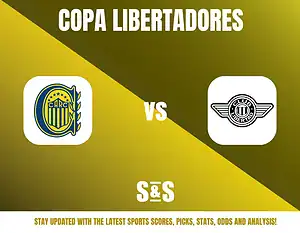 COPA LIBERTADORES logo with the team logos of Central Córdoba and Club Libertad, alongside promotional text for sports updates.