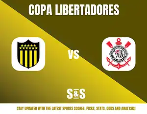 Copa Libertadores match graphic featuring two team logos, one with a black and yellow striped shield and the other with a circular emblem depicting an anchor, along with the text "Stay updated with the latest sports scores, picks, stats, odds and analysis!"