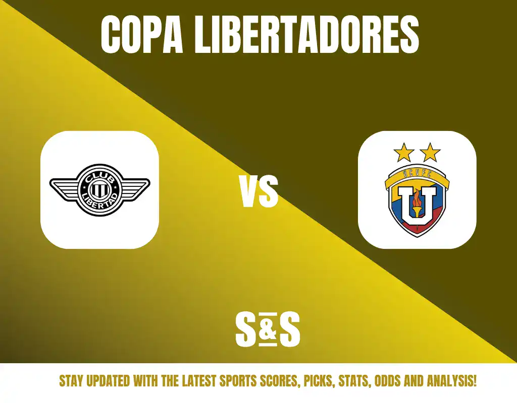 Copa Libertadores matchup between Club Libertad and Universidad Técnica Francisco Morazán, with a banner for staying updated on sports scores, picks, stats, odds, and analysis.