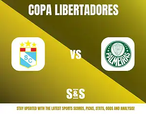 Copa Libertadores logo with team logos for SC and Palmeiras, with a text overlay encouraging updates on sports scores, picks, stats, odds, and analysis.