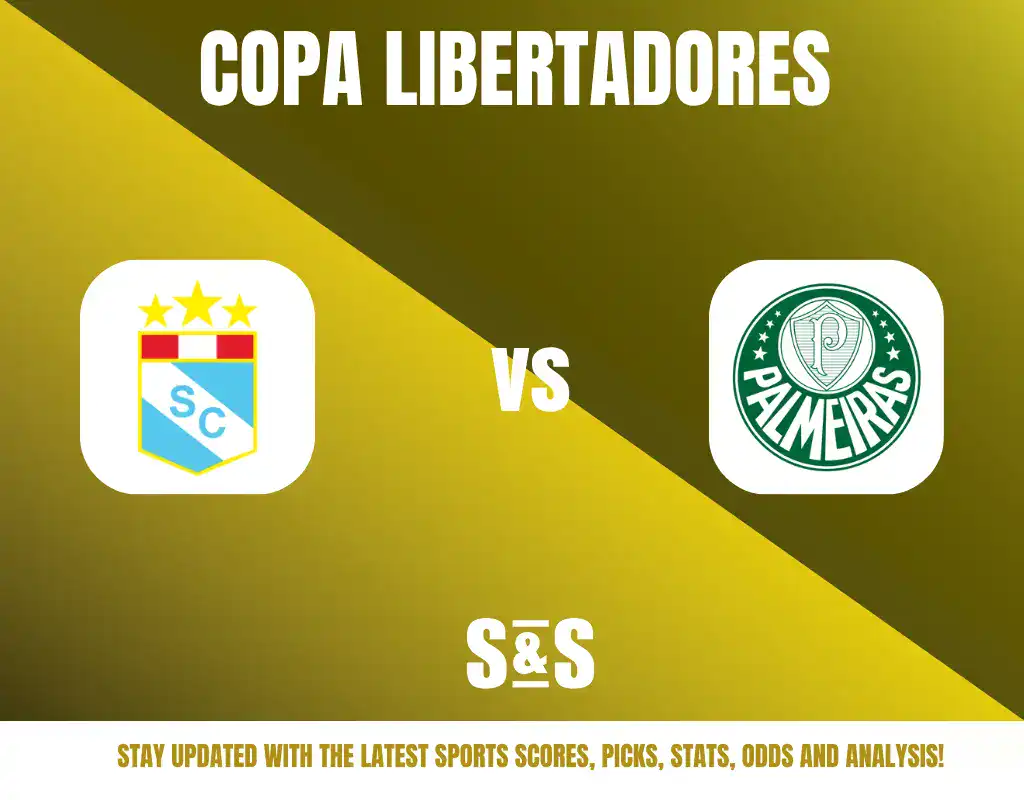 Copa Libertadores logo with team logos for SC and Palmeiras, with a text overlay encouraging updates on sports scores, picks, stats, odds, and analysis.