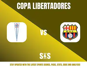 Copa Libertadores logo with CD Universidad Catolica on the left and Barcelona SC logo on the right, with a text banner below stating "Stay updated with the latest sports scores, picks, stats, odds and analysis!"
