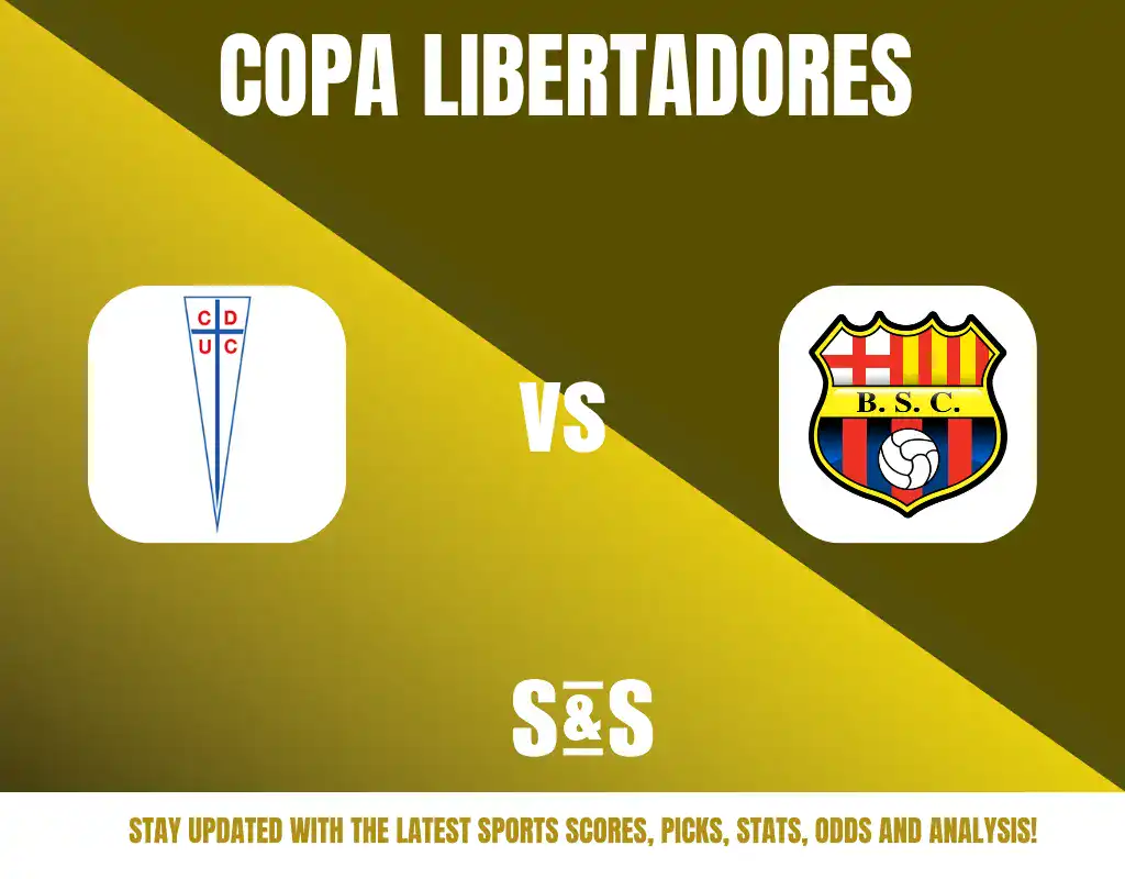Copa Libertadores logo with CD Universidad Catolica on the left and Barcelona SC logo on the right, with a text banner below stating "Stay updated with the latest sports scores, picks, stats, odds and analysis!"