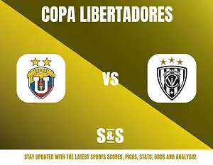Copa Libertadores logo with two teams' logos side by side, one featuring three stars and the other with a different design, set against a yellow background. Below, text reads "Stay updated with the latest sports scores, picks, stats, odds and analysis!"