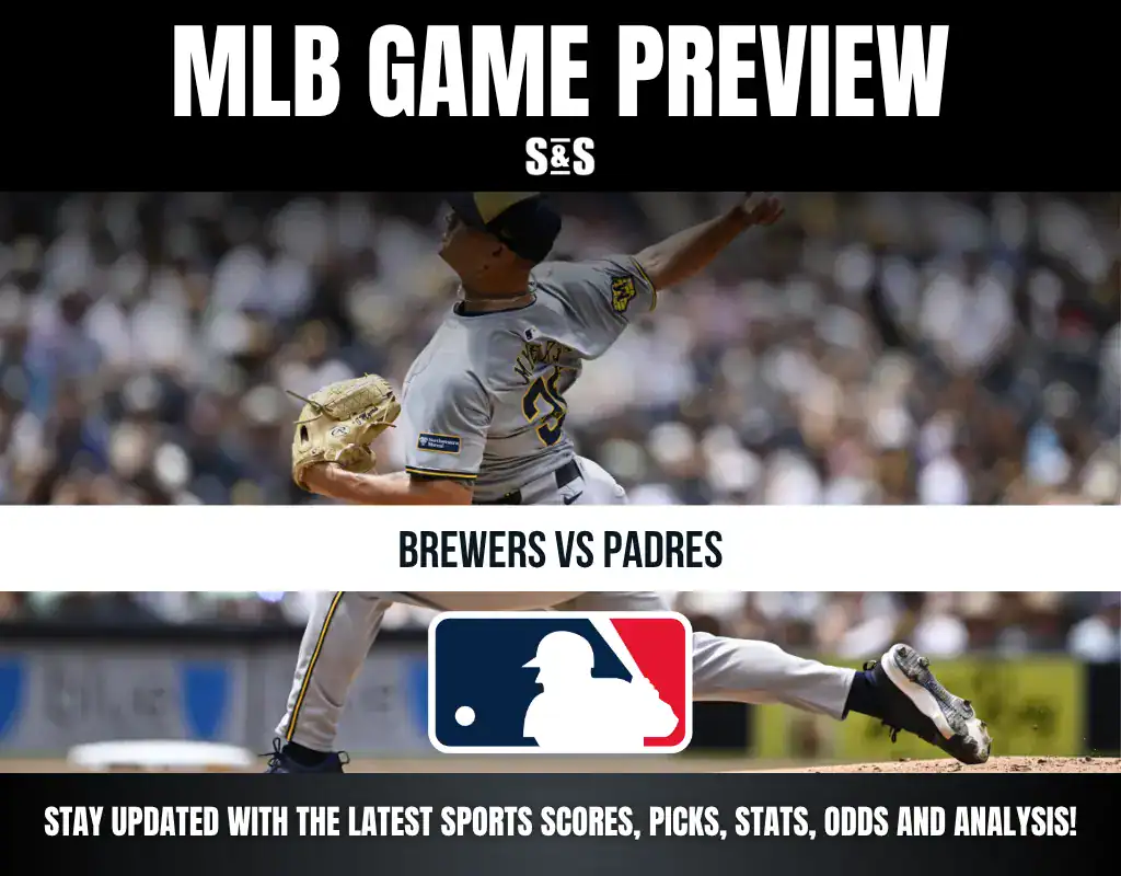 MLB Game Preview featuring a pitcher from the Brewers against the Padres, with a call to stay updated on sports scores, picks, stats, odds, and analysis.