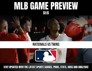 MLB Game Preview featuring the matchup between the Nationals and Twins, with a call to stay updated on sports scores, picks, stats, odds, and analysis.