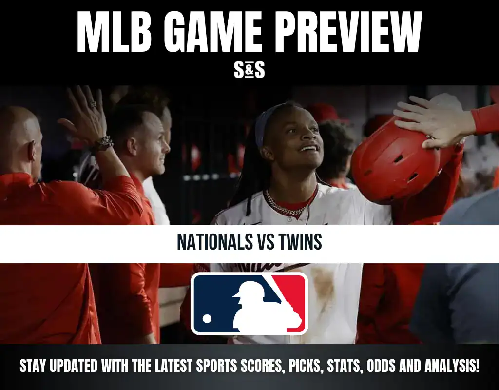 MLB Game Preview featuring the matchup between the Nationals and Twins, with a call to stay updated on sports scores, picks, stats, odds, and analysis.