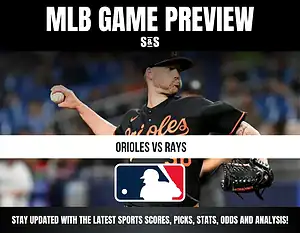 MLB Game Preview featuring the Orioles vs. Rays with an image of a pitcher in action.
